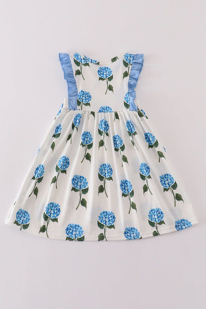 Blue Hydrangea Girls Dress with Ruffled Straps and Side Bows - Ideal for Special Occasions