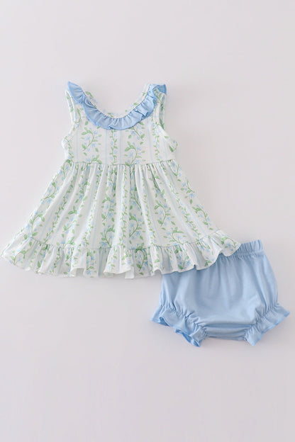 Ruffled Botanical Baby Girl Set with Blue Bloomers – Elegant Summer Outfit