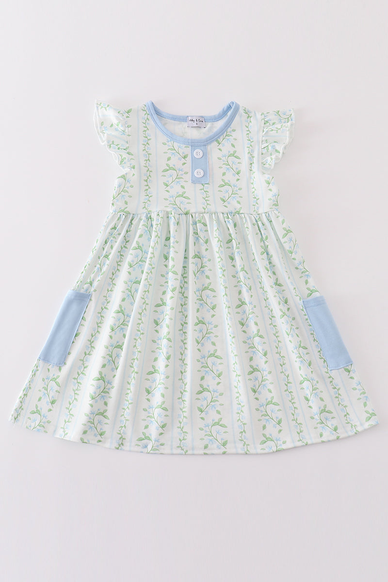 Girls Green Botanical Flutter Sleeve Dress with Blue Accents – Perfect Spring Style