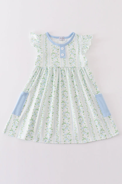 Girls Green Botanical Flutter Sleeve Dress with Blue Accents – Perfect Spring Style