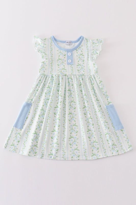 Girls Green Botanical Flutter Sleeve Dress with Blue Accents – Perfect Spring Style