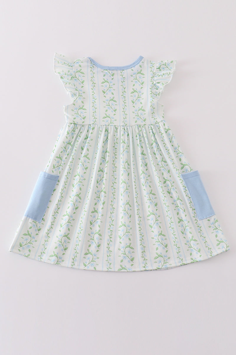 Girls Green Botanical Flutter Sleeve Dress with Blue Accents – Perfect Spring Style