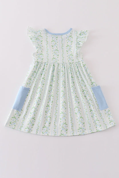 Girls Green Botanical Flutter Sleeve Dress with Blue Accents – Perfect Spring Style