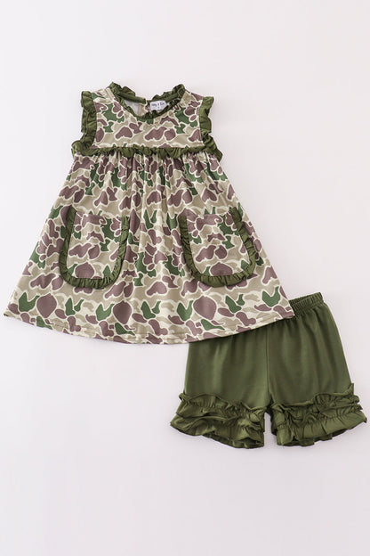 Camo Tunic and Ruffle Shorts Set for Girls – Stylish and Comfortable Outfit