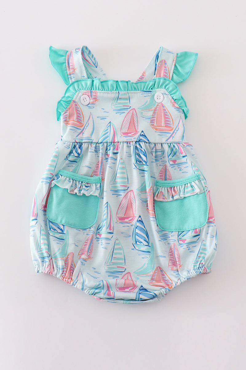 Pastel Sailboat Baby Girl Romper with Ruffle Accents – Cute and Comfy Outfit