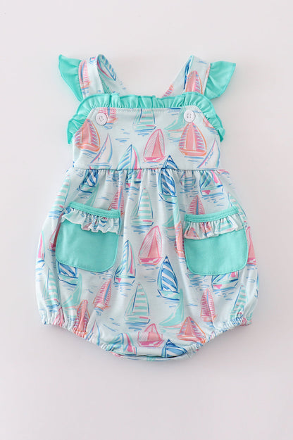 Pastel Sailboat Baby Girl Romper with Ruffle Accents – Cute and Comfy Outfit