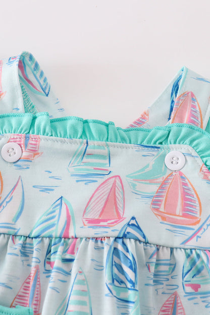 Pastel Sailboat Baby Girl Romper with Ruffle Accents – Cute and Comfy Outfit