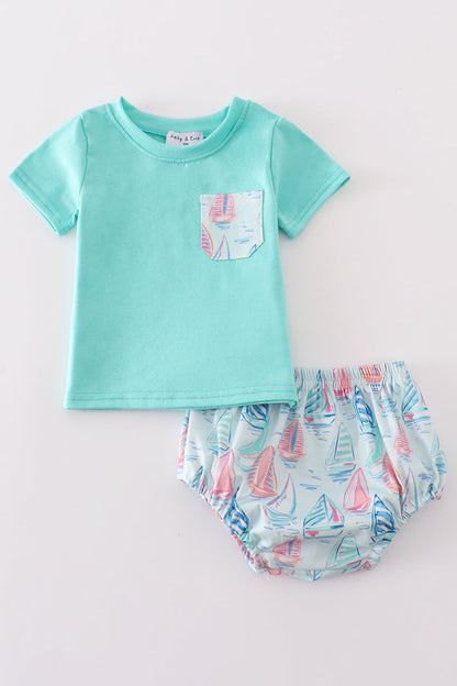 Baby Boy Aqua Tee and Sailboat Bloomers Set – Adorable Summer Outfit