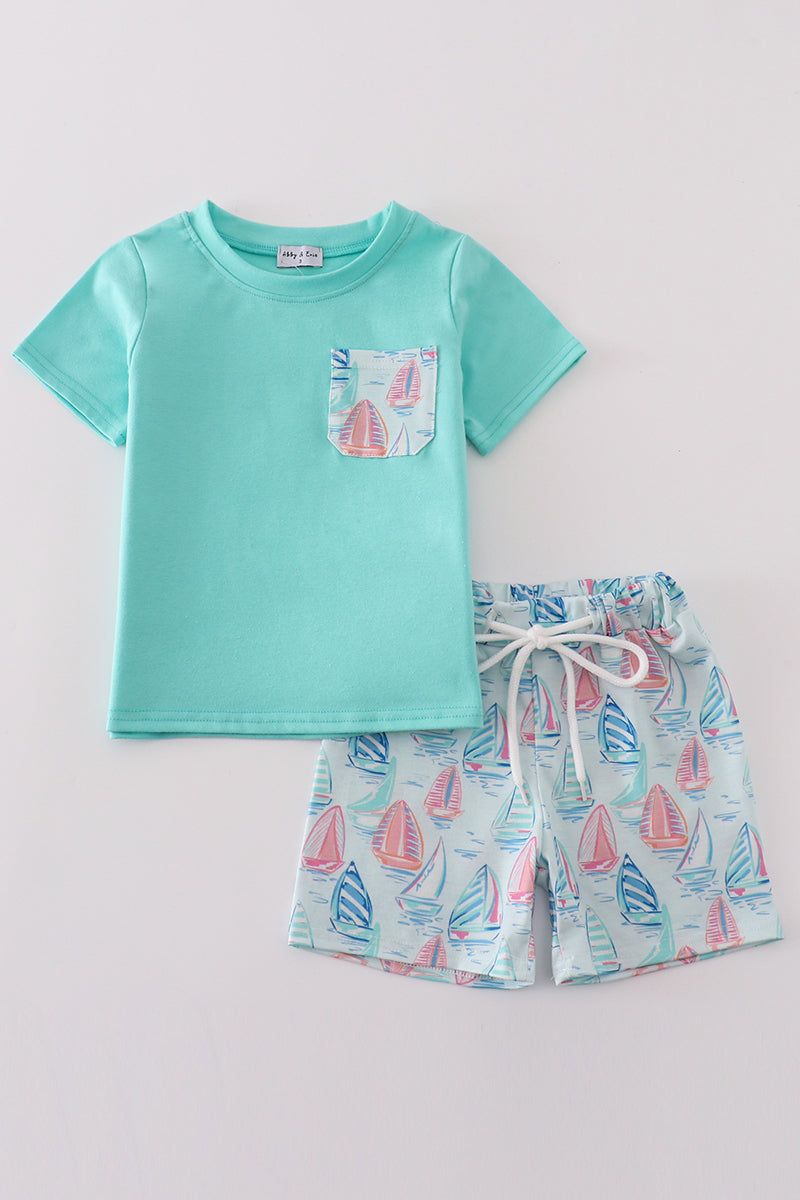 Boys Aqua Tee and Sailboat Print Shorts Set – Perfect Summer Outfit