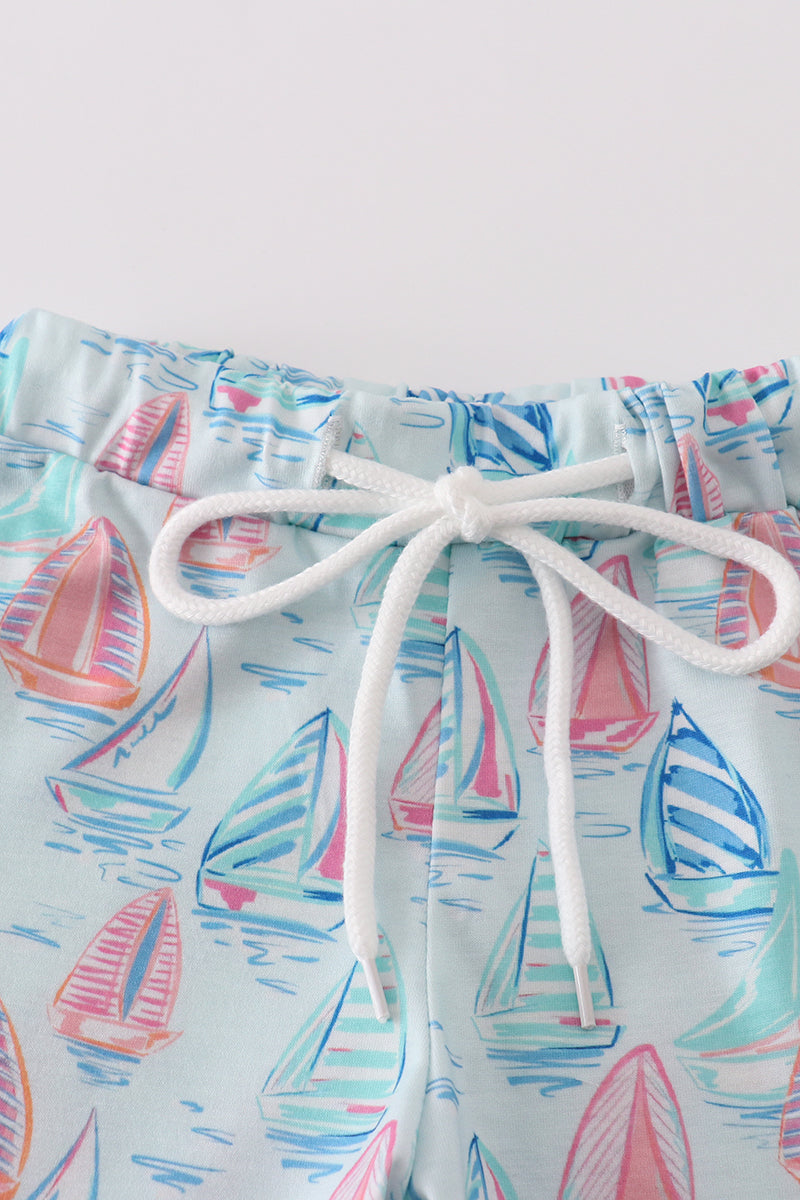 Boys Aqua Tee and Sailboat Print Shorts Set – Perfect Summer Outfit