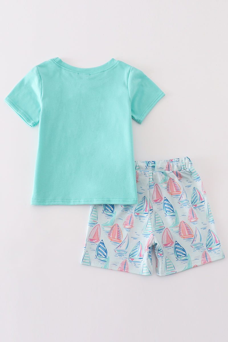 Boys Aqua Tee and Sailboat Print Shorts Set – Perfect Summer Outfit