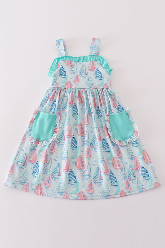 Girls Sailboat Print Sundress with Pockets – Fun and Breezy Summer Outfit