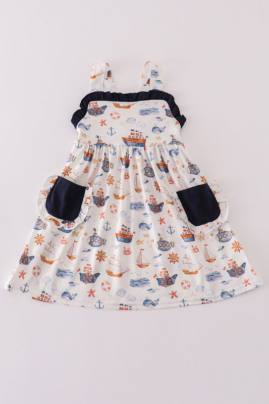 Nautical-Themed Girls Sundress with Sailboat Print and Contrast Pockets