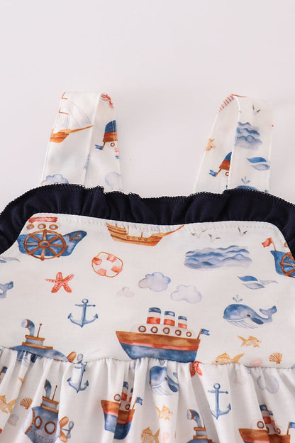 Nautical-Themed Girls Sundress with Sailboat Print and Contrast Pockets