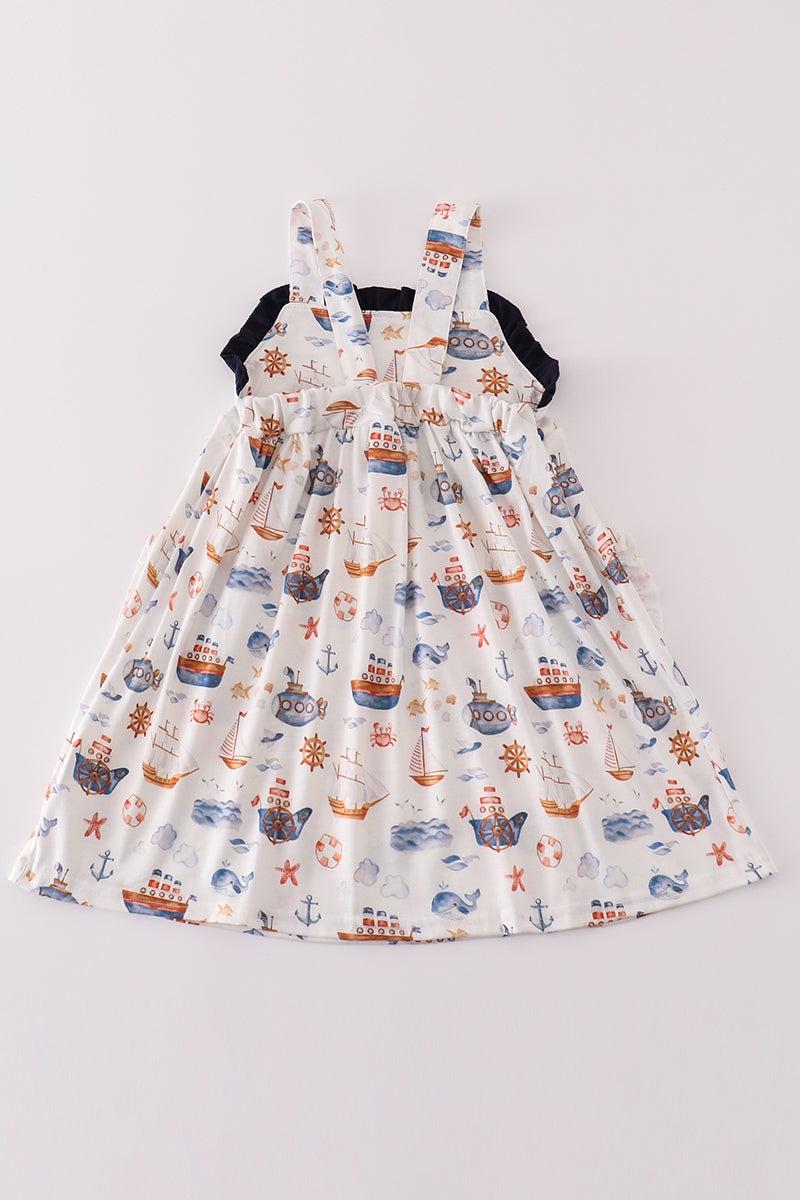 Nautical-Themed Girls Sundress with Sailboat Print and Contrast Pockets