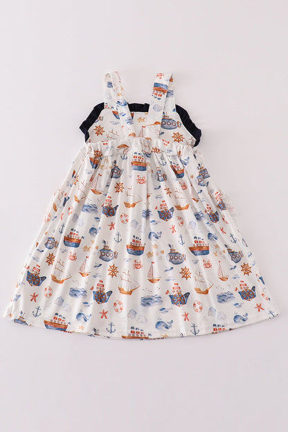 Nautical-Themed Girls Sundress with Sailboat Print and Contrast Pockets