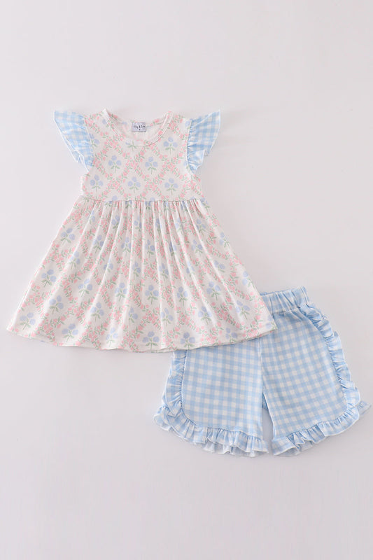 Girls Patterned Tunic and Gingham Shorts Set – Sweet and Comfortable Outfit