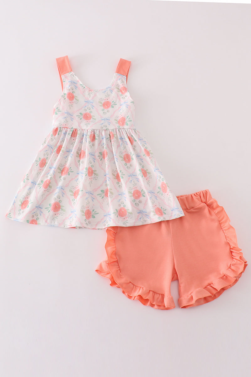 Floral Girls Tunic with Peach Ruffled Shorts – Adorable Summer Outfit