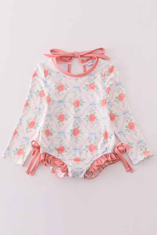 Long-Sleeve Girls Swimsuit with Delicate Floral Prints and Bow Accents