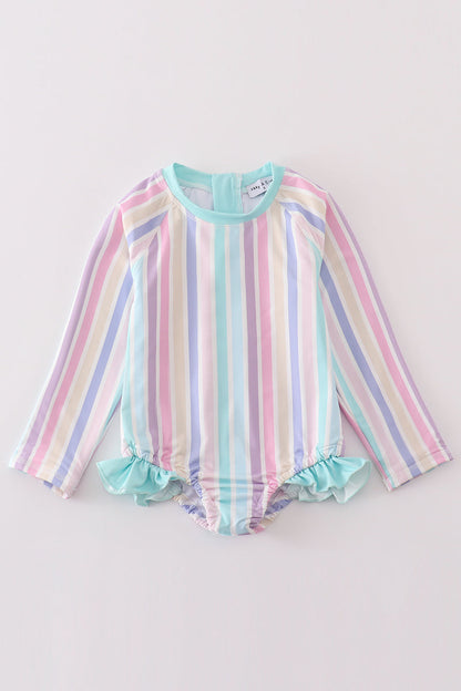 Rainbow Stripes Long-Sleeve Swimsuit for Girls