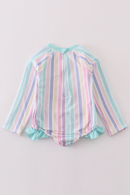 Rainbow Stripes Long-Sleeve Swimsuit for Girls