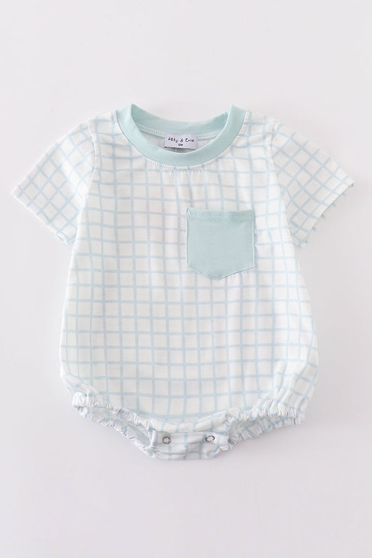 Mint Grid Pocket Romper for Baby Boy