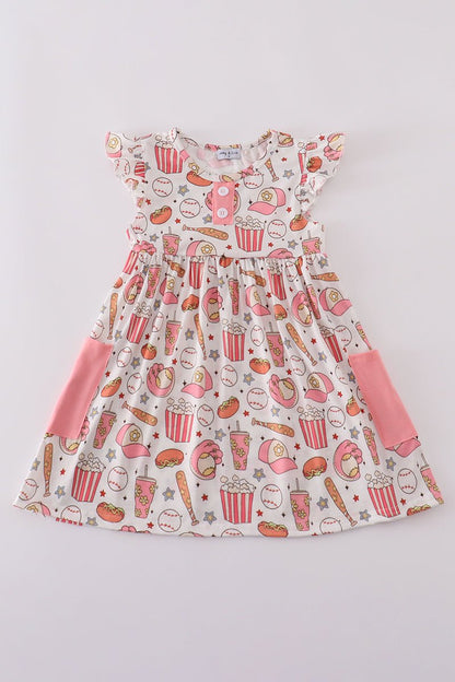All - Star Snack Time Girls’ Baseball Dress with Pockets – Game Day Fun! - Blue Marc