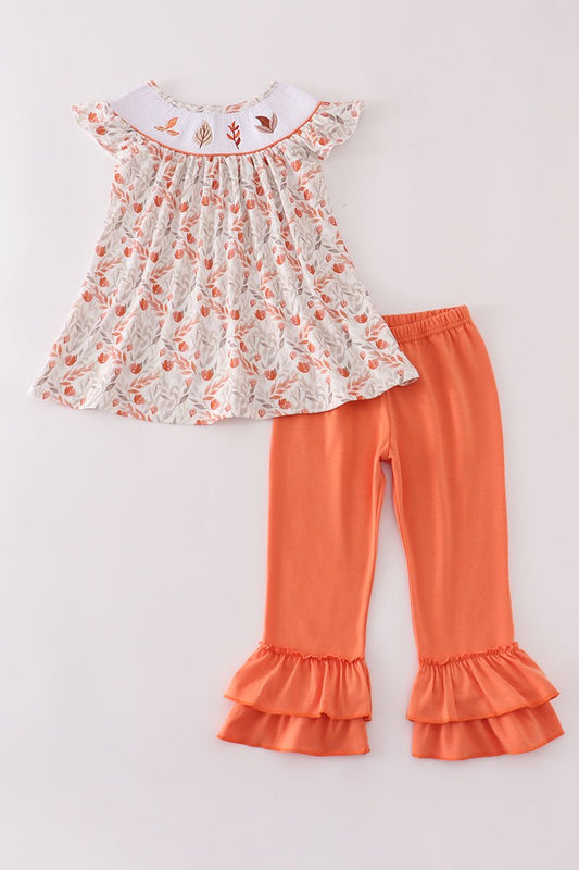 Autumn Leaf Ruffle Set for Girls – Floral Tunic & Pumpkin Pants - Blue Marc