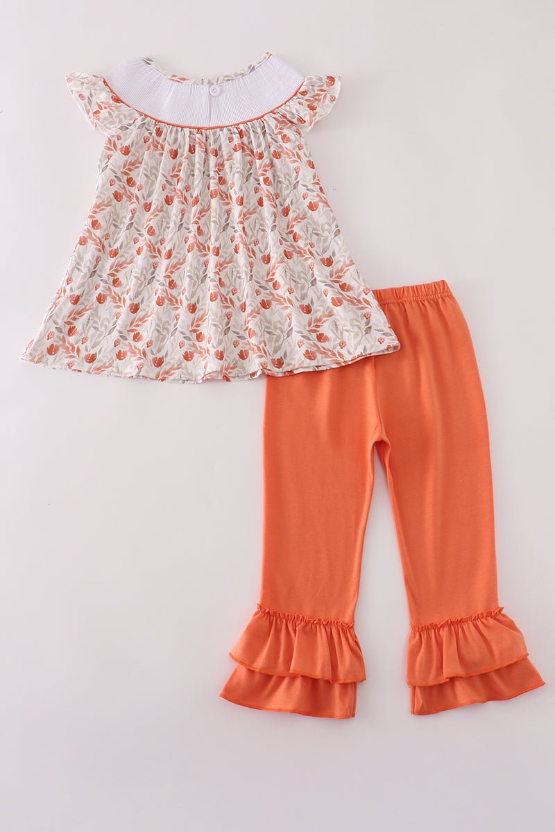 Autumn Leaf Ruffle Set for Girls – Floral Tunic & Pumpkin Pants - Blue Marc