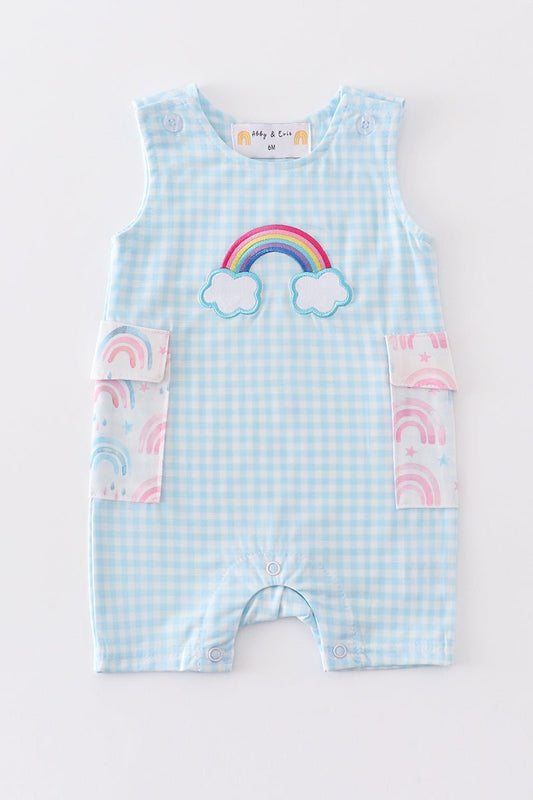 🌈 Baby Boy Rainbow Gingham JonJon – Soft Blue Summer Romper for Playdates & Special Moments - Blue Marc
