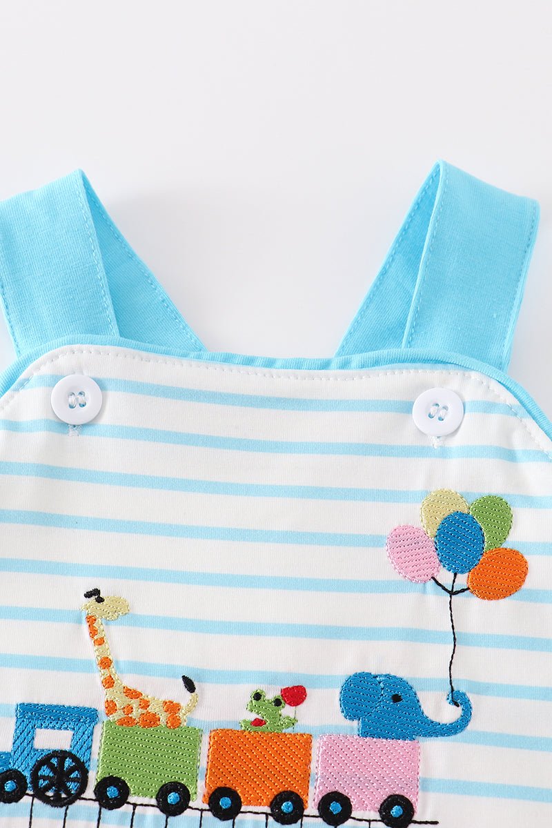 🚂 Baby Boy Train JonJon – Blue Striped Animal Train Outfit with Balloon Detail - Blue Marc
