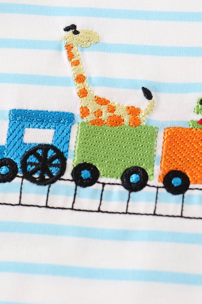 🚂 Baby Boy Train JonJon – Blue Striped Animal Train Outfit with Balloon Detail - Blue Marc