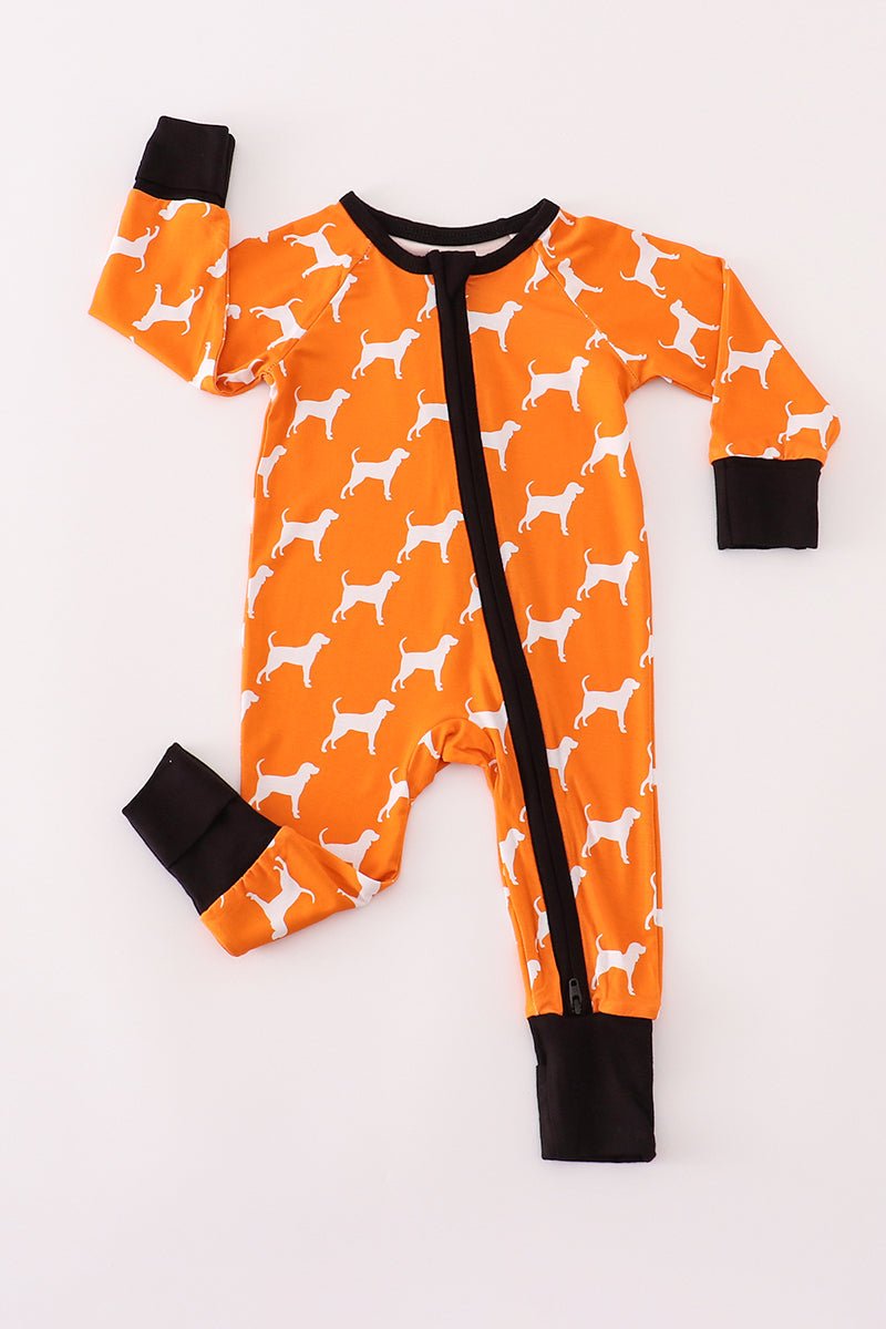 Baby Boys Game Day Zip Up – Orange Dog Print One - Piece Pajamas - Blue Marc