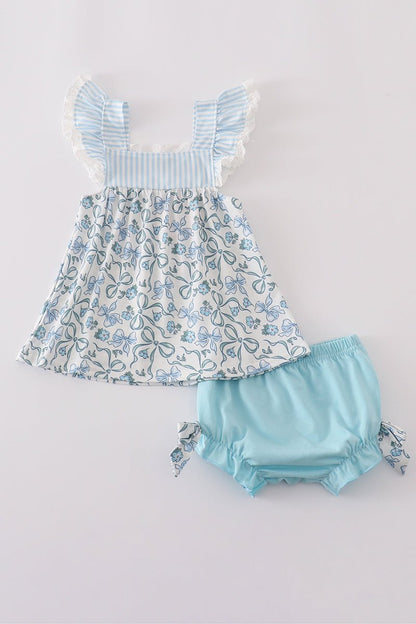 Baby Girl Blue Floral Ruffle Top & Bloomer Set - Blue Marc