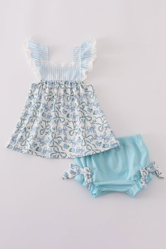 Baby Girl Blue Floral Ruffle Top & Bloomer Set - Blue Marc
