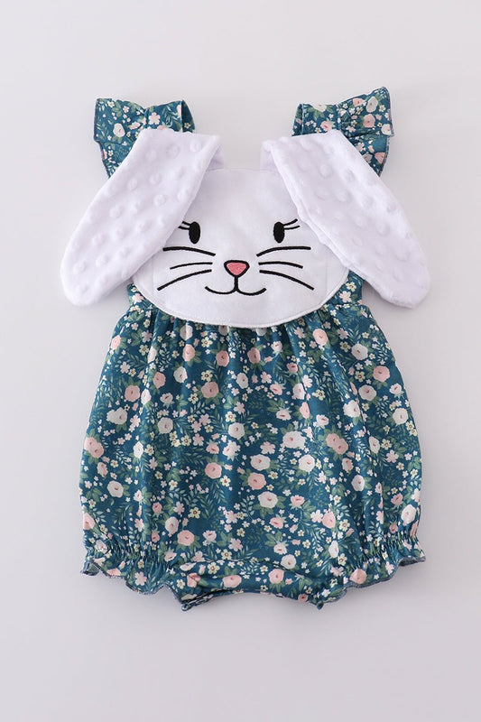 🐰 Baby Girl Bunny Romper – Easter Outfit with 3D Ears & Floral Print - Blue Marc