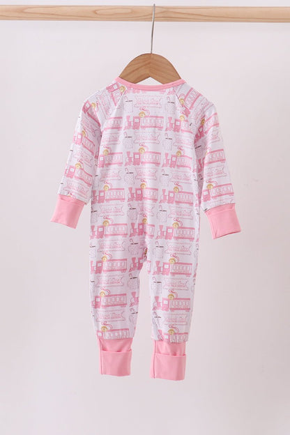 Baby Girl Christmas Train Ruffle Zip Sleeper - Blue Marc