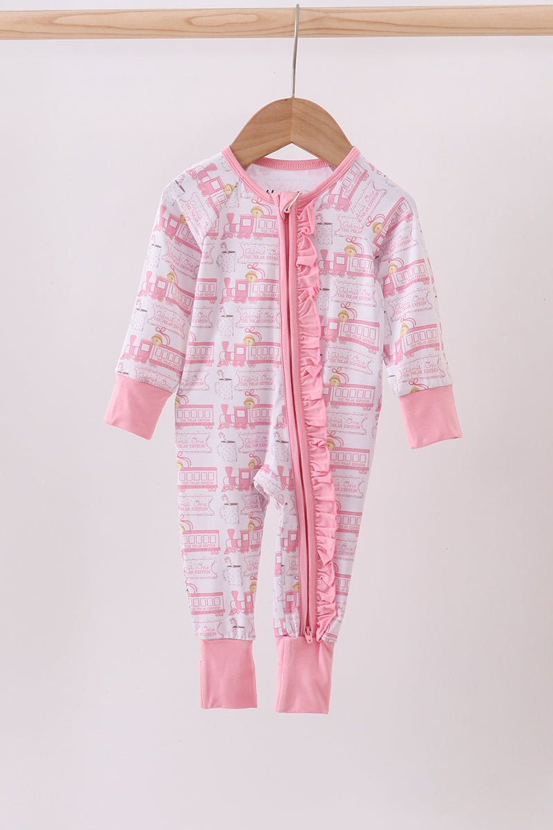 Baby Girl Christmas Train Ruffle Zip Sleeper - Blue Marc