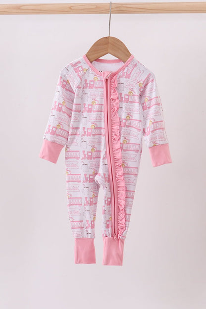 Baby Girl Christmas Train Ruffle Zip Sleeper - Blue Marc