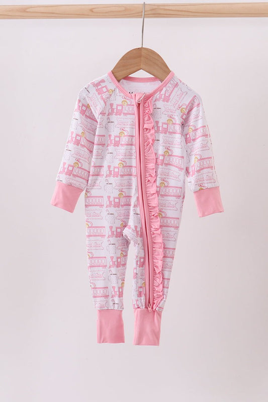 Baby Girl Christmas Train Ruffle Zip Sleeper - Blue Marc