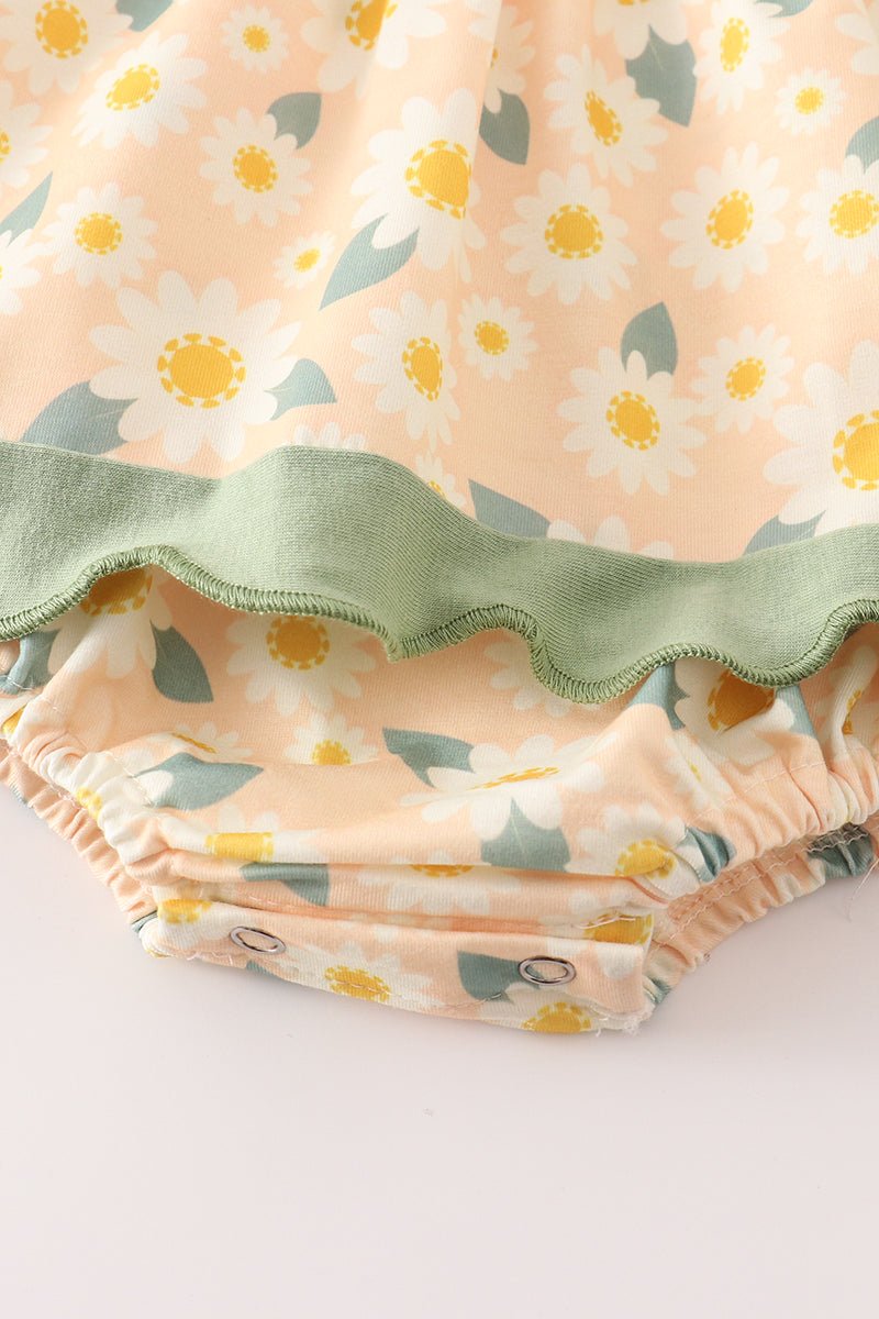 🌼 Baby Girl Daisy Floral Dress Set – Ruffle Sleeve Bubble Outfit with Green Trim - Blue Marc