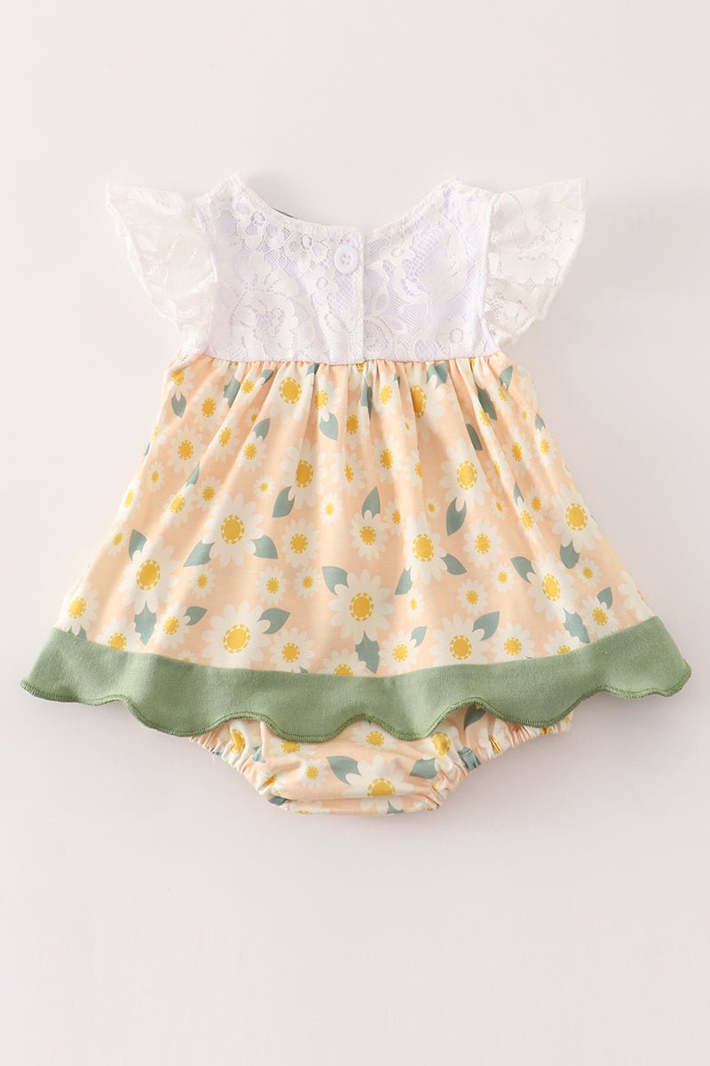 🌼 Baby Girl Daisy Floral Dress Set – Ruffle Sleeve Bubble Outfit with Green Trim - Blue Marc