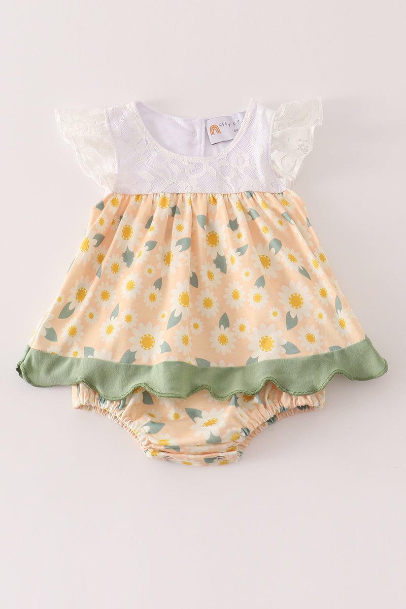 🌼 Baby Girl Daisy Floral Dress Set – Ruffle Sleeve Bubble Outfit with Green Trim - Blue Marc