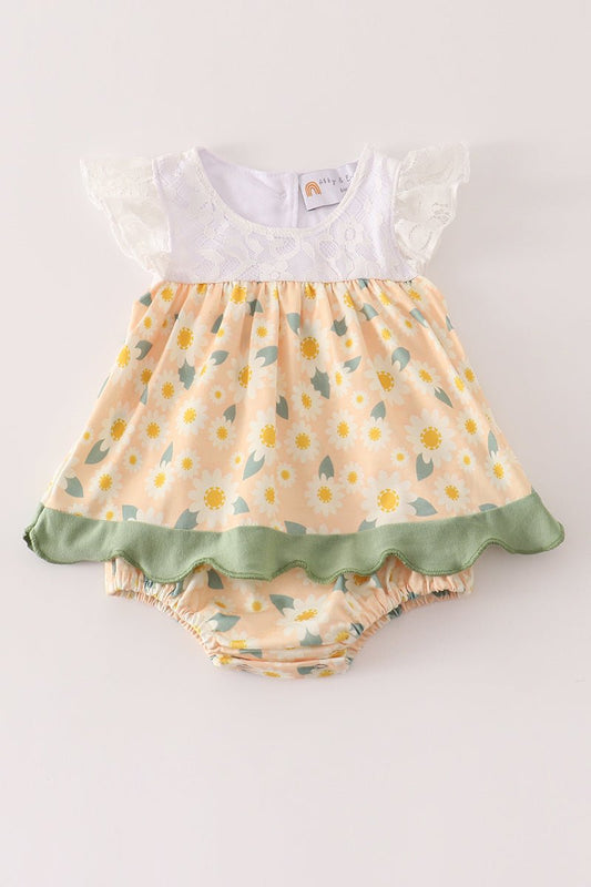 🌼 Baby Girl Daisy Floral Dress Set – Ruffle Sleeve Bubble Outfit with Green Trim - Blue Marc