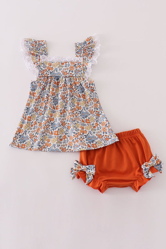 Baby Girl Fall Floral Ruffle Top & Bloomer Set – Orange Accent - Blue Marc