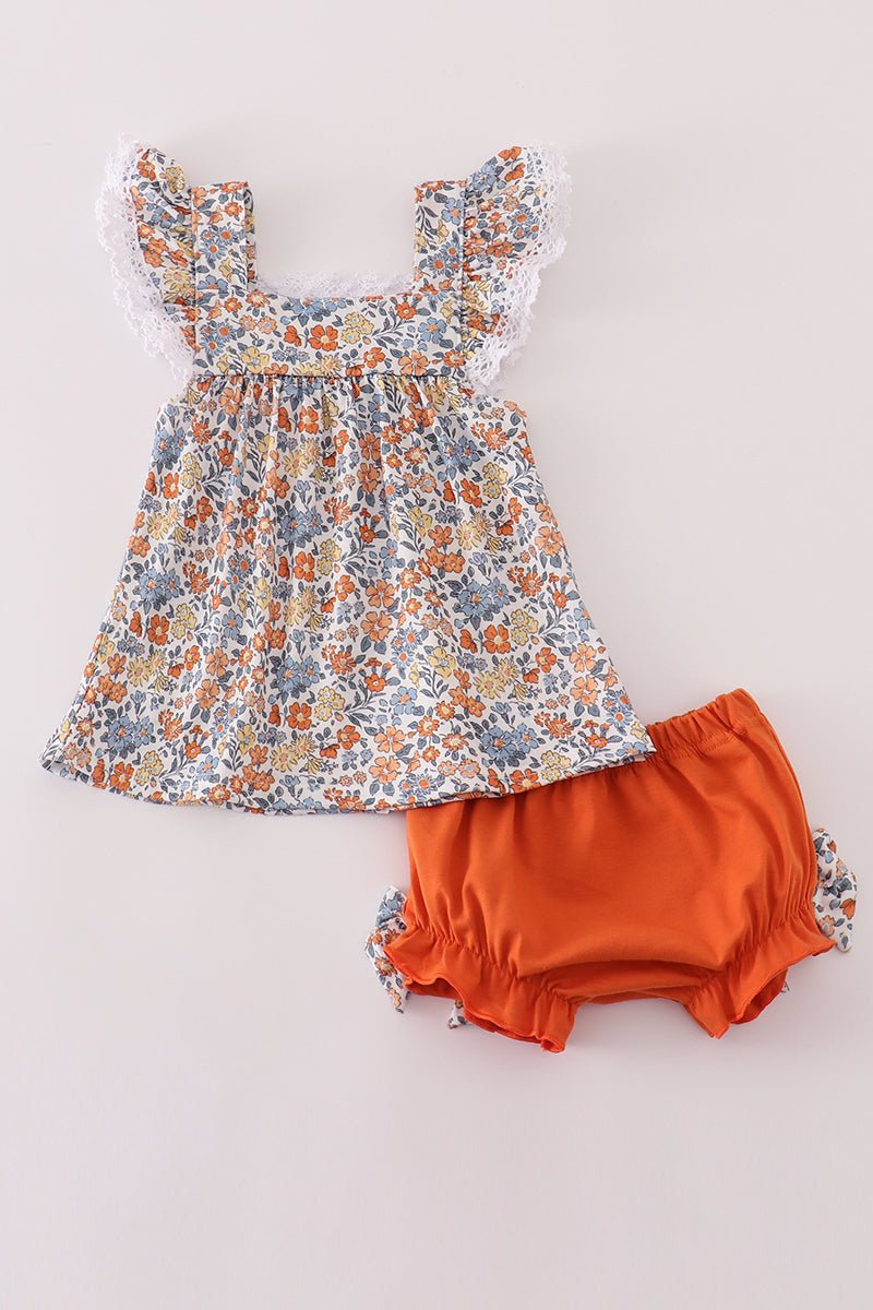 Baby Girl Fall Floral Ruffle Top & Bloomer Set – Orange Accent - Blue Marc
