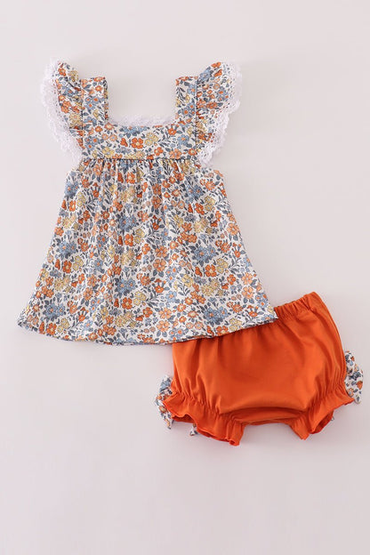Baby Girl Fall Floral Ruffle Top & Bloomer Set – Orange Accent - Blue Marc