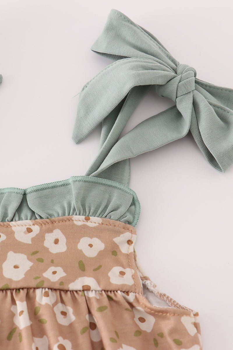Baby Girl Floral Bow Strap Romper – Sage & Tan - Blue Marc