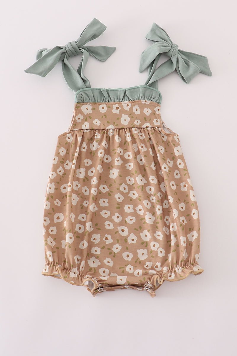 Baby Girl Floral Bow Strap Romper – Sage & Tan - Blue Marc