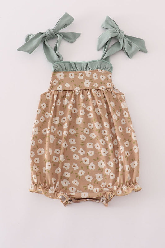 Baby Girl Floral Bow Strap Romper – Sage & Tan - Blue Marc